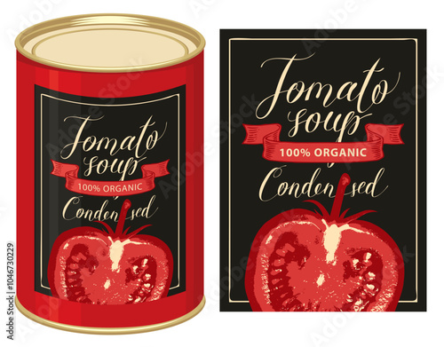 Vector banner for condensed tomato soup. Illustration of a label with a ripe half realistic red tomato and a tin can with this label. Canned food during quarantine, long-term storage product