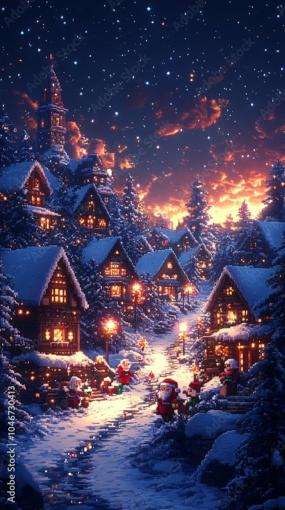 Pixel Art Scene with Santa Claus, Gnomes, Reindeer, and Christmas Tree Pixel Art Scene with Santa Claus, Gnomes, Reindeer, and Christmas Tree