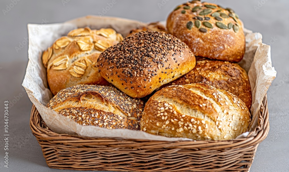 assortment of different freshly baked bread rolls in a wisker basket assortment of different freshly baked bread rolls in a wisker basket