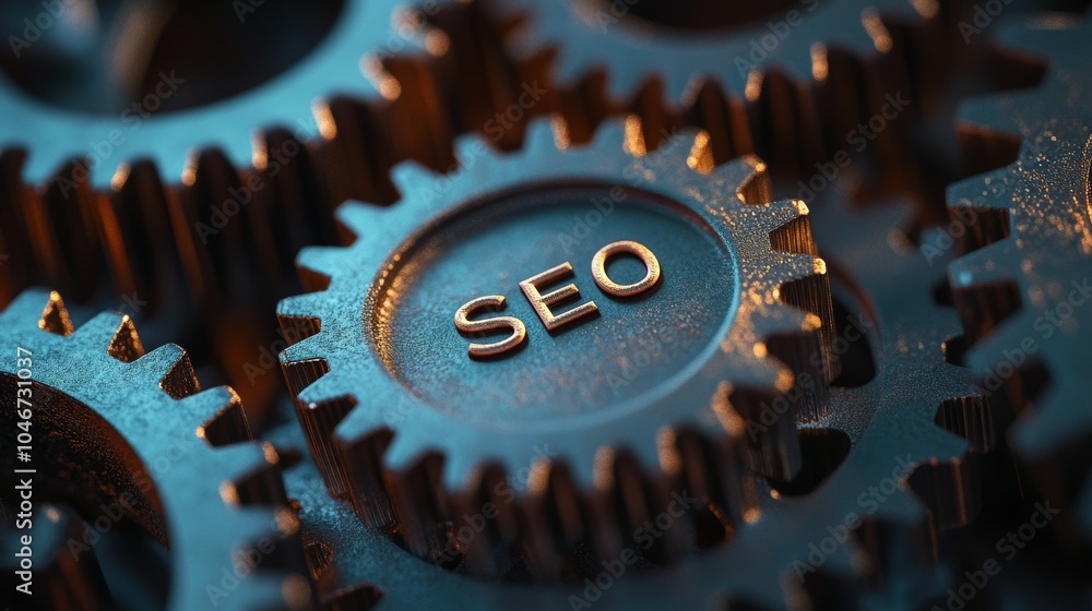 Illustrating search engine optimization and digital marketing concepts on a dark background, Close-up of interlocking gears with SEO Illustrating search engine optimization and digital marketing concepts on a dark background, Close-up of interlocking gears with SEO