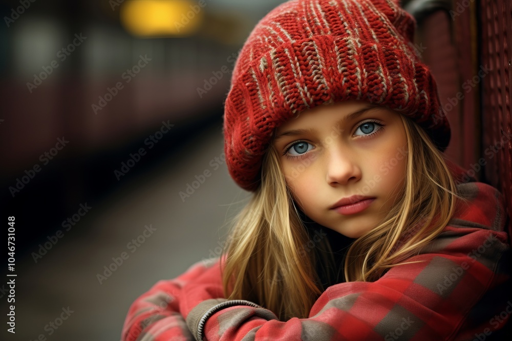 Portrait of a beautiful young girl in a red hat and coat. Portrait of a beautiful young girl in a red hat and coat.