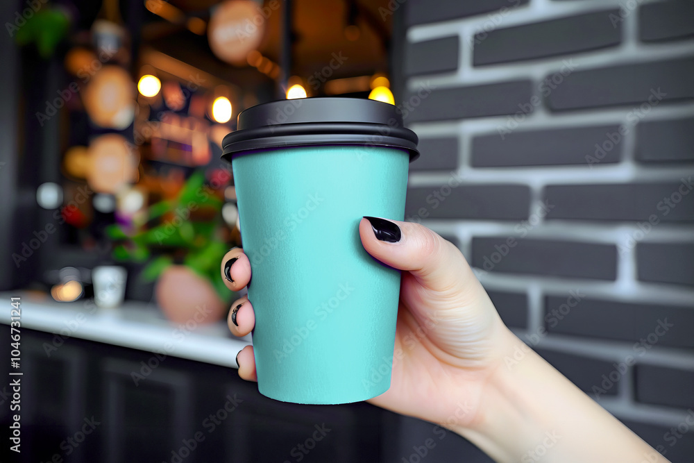 Hand with black nails holding a cyan takeaway coffee cup with a black lid in front of a cafe. Disposable cup mockup. Hand with black nails holding a cyan takeaway coffee cup with a black lid in front of a cafe. Disposable cup mockup.