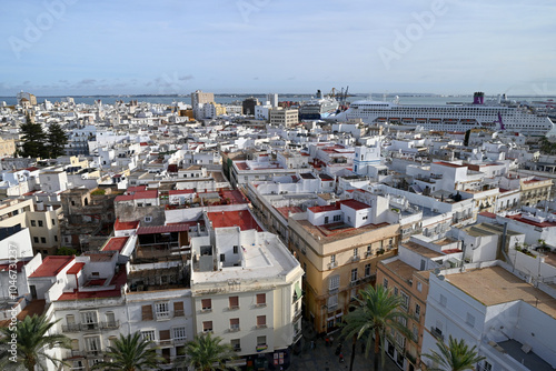 Vue panoramique de la ville de Cadix avec des paquebots à quai dans le port