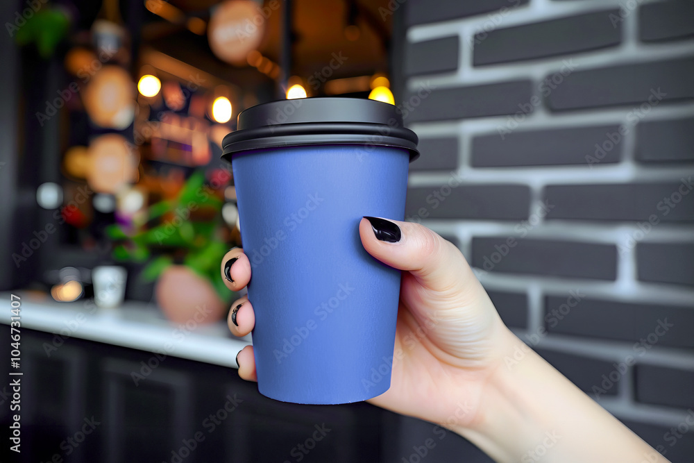 Hand with green nails holding white takeaway coffee cup on a green background. Disposable cup mockup. Hand with green nails holding white takeaway coffee cup on a green background. Disposable cup mockup.