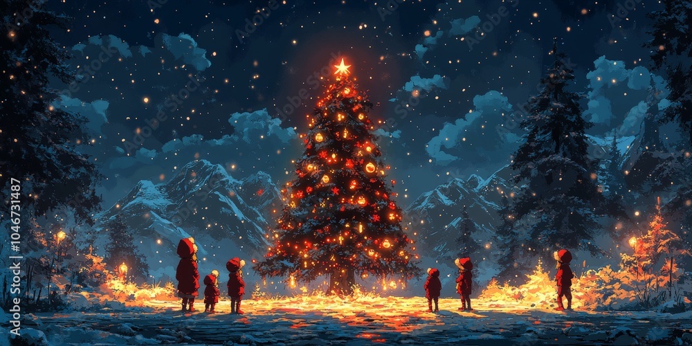 Santa Claus with elves and reindeer in pixel art Christmas scene Santa Claus with elves and reindeer in pixel art Christmas scene