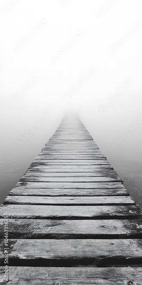 Wooden pier stretches into the fog above calm water evoking solitude and serenity in a minimalist setting Wooden pier stretches into the fog above calm water evoking solitude and serenity in a minimalist setting