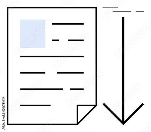 A document page with text lines and a blank area alongside a large downward arrow. Ideal for digital downloads file transfers data export online documents and user interfaces. Minimalist clean design