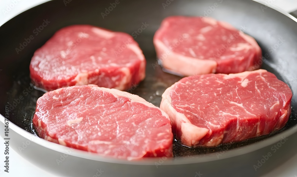 Marbled beef is seared in a skillet, Generative AI Marbled beef is seared in a skillet, Generative AI