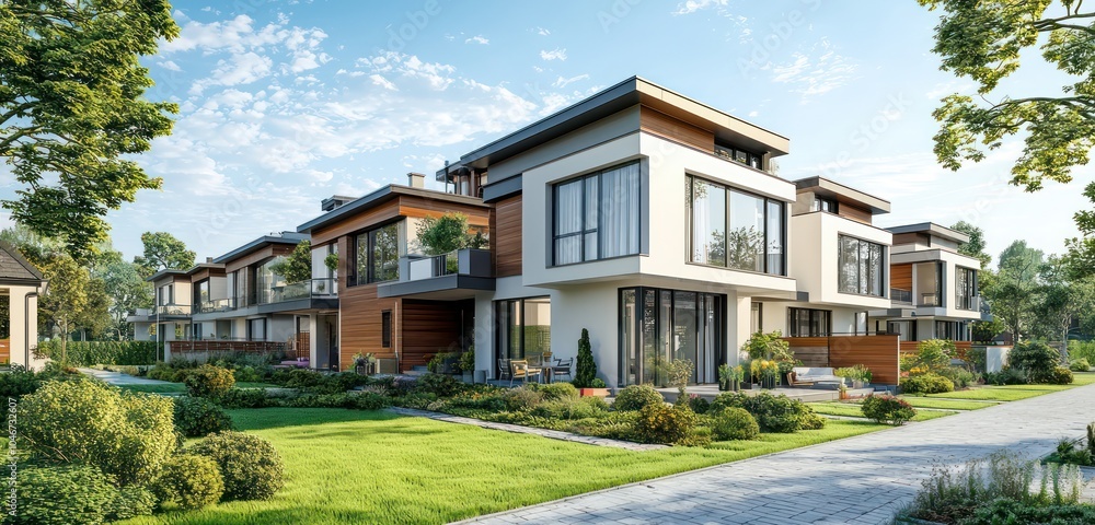 Fototapeta premium Newly built modern terraced house showcases suburban architectural evolution.