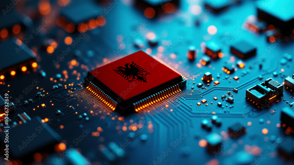 A Albania themed chip is placed on a detailed circuit board, with glowing connections that emphasize influence in electronics, computing, and tech innovation. A Albania themed chip is placed on a detailed circuit board, with glowing connections that emphasize influence in electronics, computing, and tech innovation.