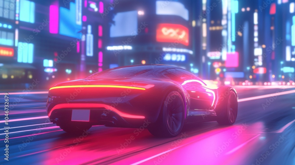 Fototapeta premium Futuristic Car Navigating a Vibrant City at Night