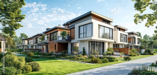 Newly built modern terraced house showcases suburban architectural evolution.