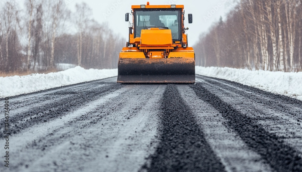 Heavy machinery working on a snow-covered road, creating smooth pathways, winter construction in action. Heavy machinery working on a snow-covered road, creating smooth pathways, winter construction in action.