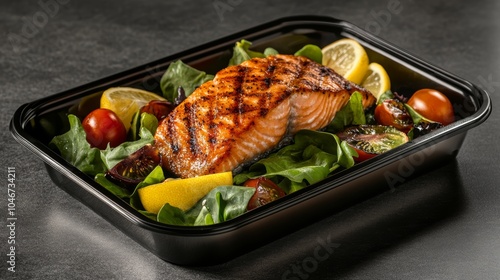 Fresh salad and grilled salmon, a healthy delicious meal prepared in container