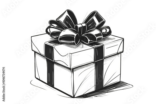 Black and white sketch of a gift with a bow on a white background, doodle, birthday, Christmas, wedding