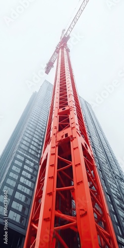 Red construction crane towering over modern skyscrapers in a foggy urban environment. photo