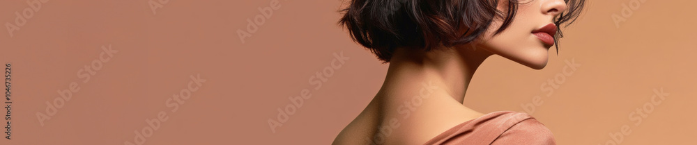 Woman with short hair posing showing neck side view banner background with copy space Woman with short hair posing showing neck side view banner background with copy space