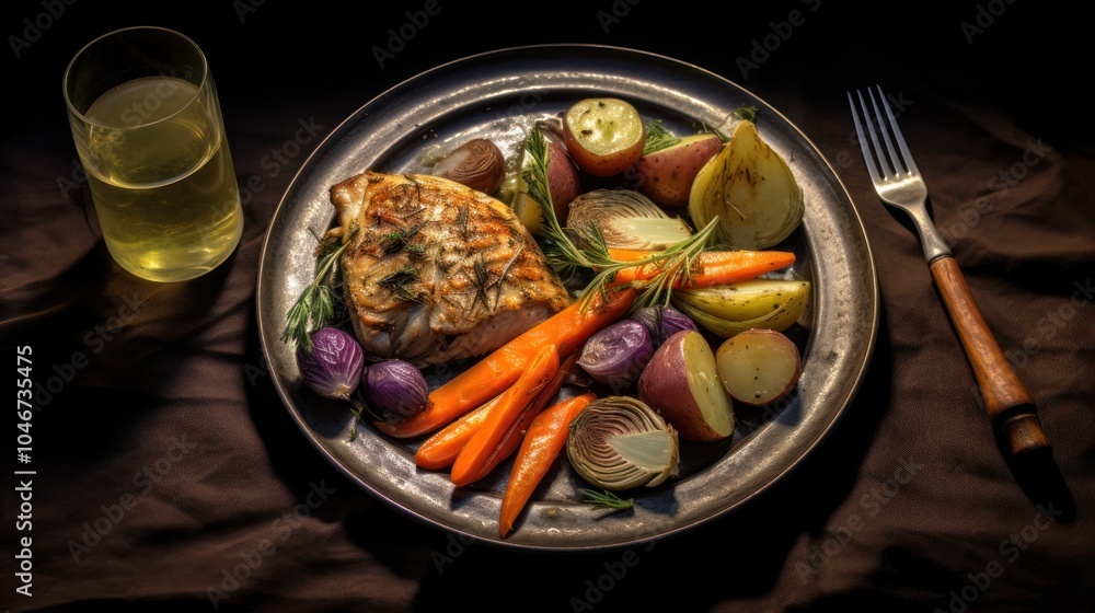 Aerial shot of a healthy meal featuring artichoke alongside seasoned potatoes Aerial shot of a healthy meal featuring artichoke alongside seasoned potatoes