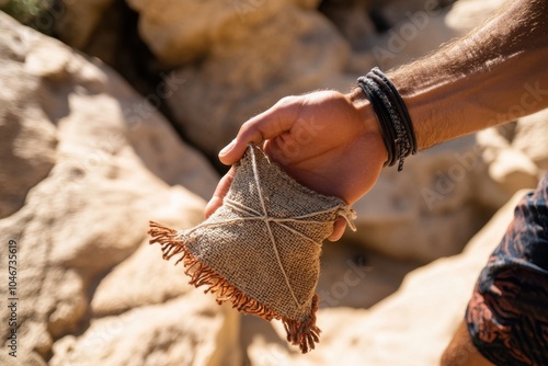 Hand holding bohemian style drawstring pouch outdoors photo