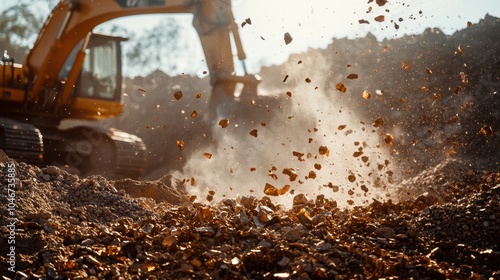 Copper mine with excavators working, raw copper pieces spread across ground, sunlight reflecting off mineral, capturing unrefined material essential for batteries