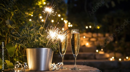 Vaso per piante di trifoglio argentato, stelle filanti all'interno del vaso, nastri da festa intorno al vaso, due bicchieri di champagne per festeggiare il Capodanno photo