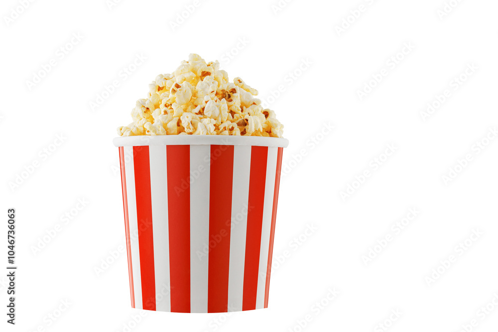 Delicious popcorn, classic box, classic paper cup with red stripe, isolated on white background close-up Delicious popcorn, classic box, classic paper cup with red stripe, isolated on white background close-up