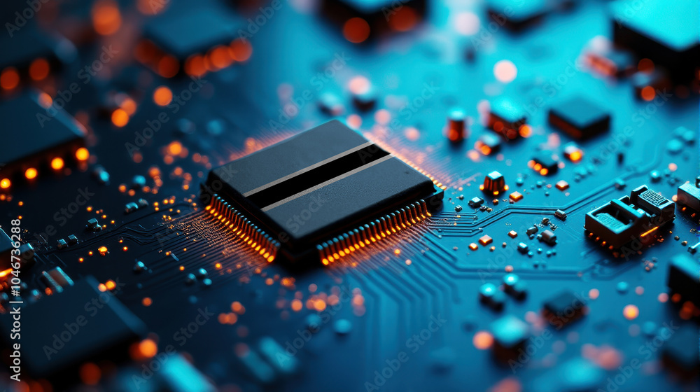 A Botswana themed chip is placed on a detailed circuit board, with glowing connections that emphasize influence in electronics, computing, and tech innovation.