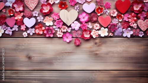 Classic wooden background adorned with a romantic arrangement of heart motifs in red and pink,