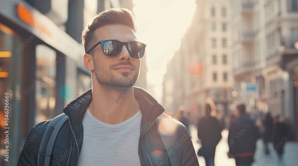 Stylish Man with Sunglasses Walking Through a Busy City Street Stylish Man with Sunglasses Walking Through a Busy City Street