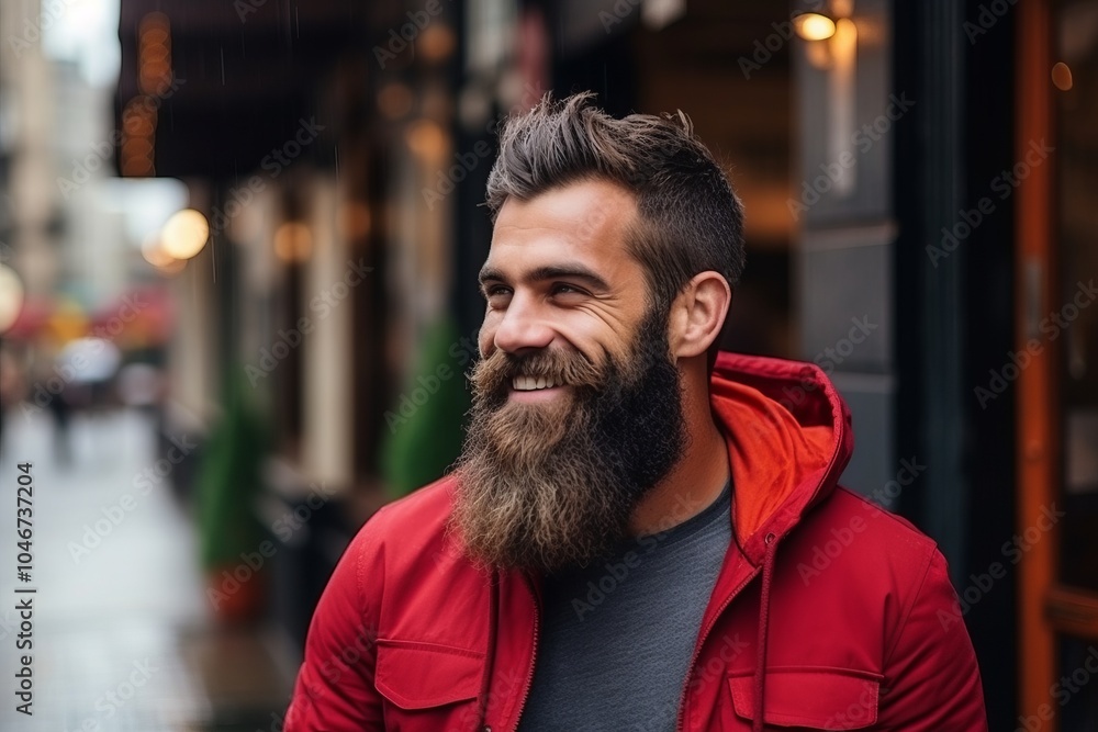 Portrait of a handsome bearded man with red jacket in a city Portrait of a handsome bearded man with red jacket in a city