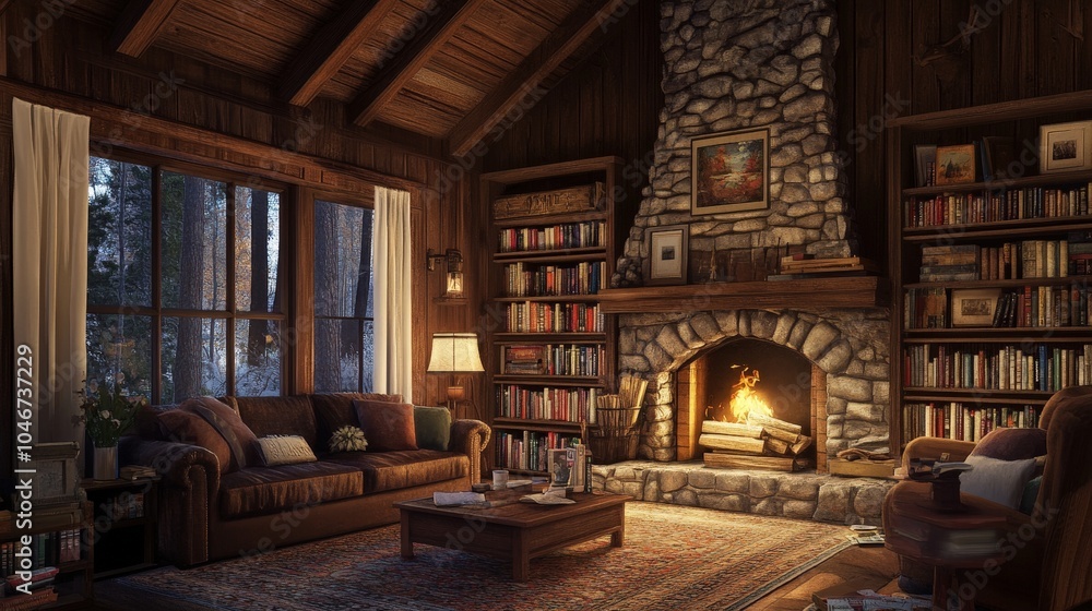 A cozy cabin interior with a fireplace, bookshelves, and comfortable seating, designed for relaxation and a tech-free getaway. A cozy cabin interior with a fireplace, bookshelves, and comfortable seating, designed for relaxation and a tech-free getaway.