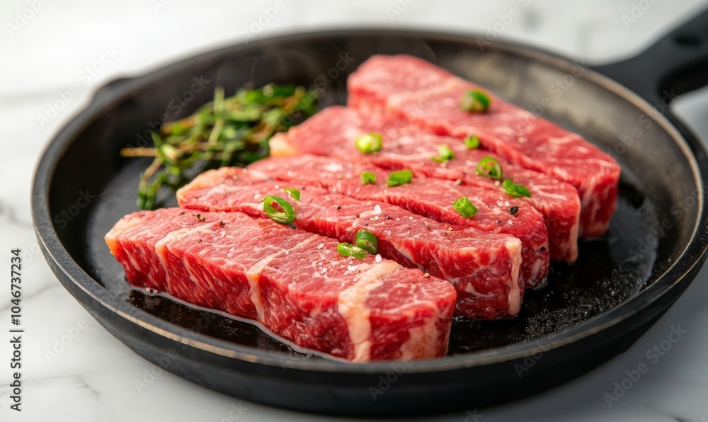marbled beef is searing in a skillet marbled beef is searing in a skillet