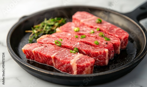 marbled beef is searing in a skillet