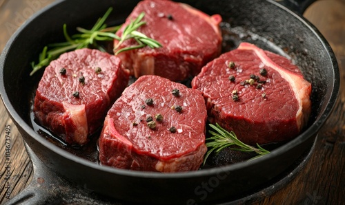 marbled beef is searing in a skillet