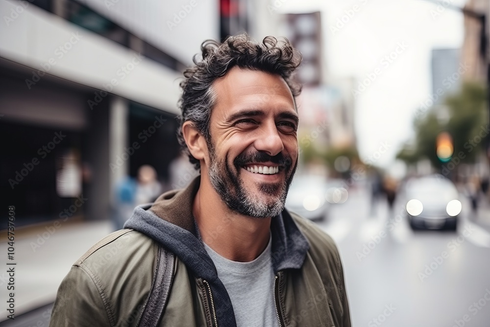 Portrait of a handsome middle-aged man smiling in the city Portrait of a handsome middle-aged man smiling in the city