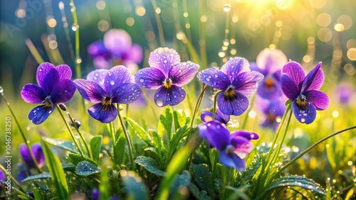 A cluster of violets is seen in a lush meadow, with each flower dripping with dew and releasing its sweet fragrance, wildflowers, nature scene