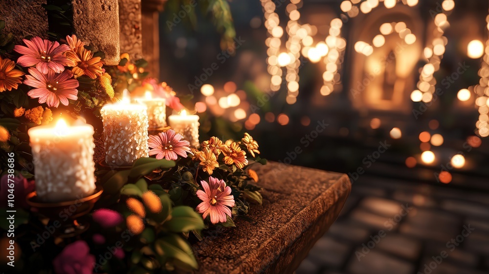 A Serene Evening Scene with Candles and Vibrant Flowers Illuminating a Magical Atmosphere A Serene Evening Scene with Candles and Vibrant Flowers Illuminating a Magical Atmosphere