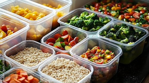 Healthy meal prep with fresh vegetables and grains in containers