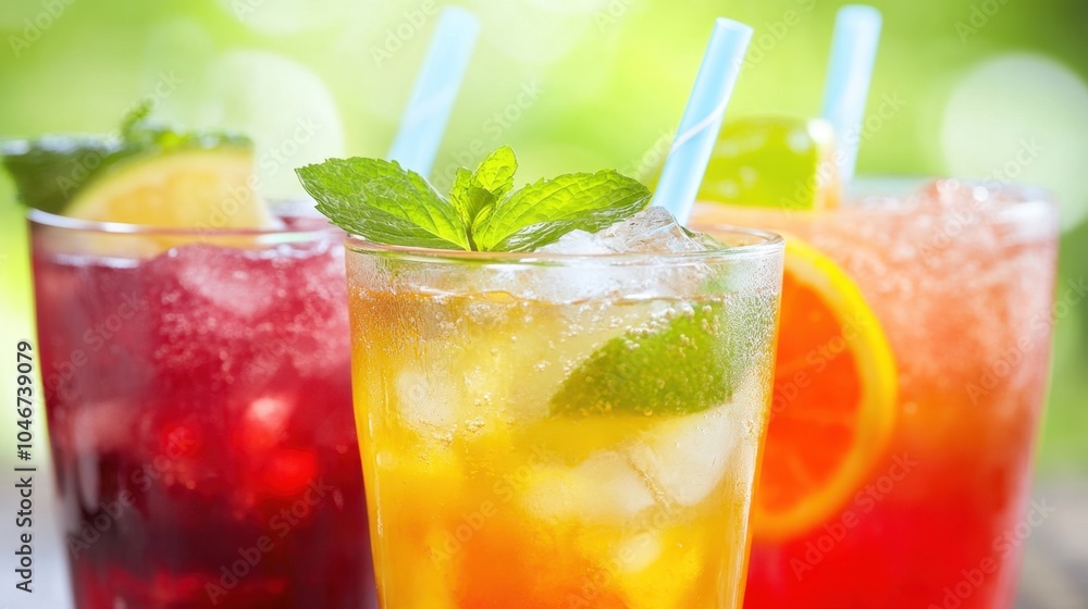 Refreshing summer drinks with ice mint on natural background Refreshing summer drinks with ice mint on natural background