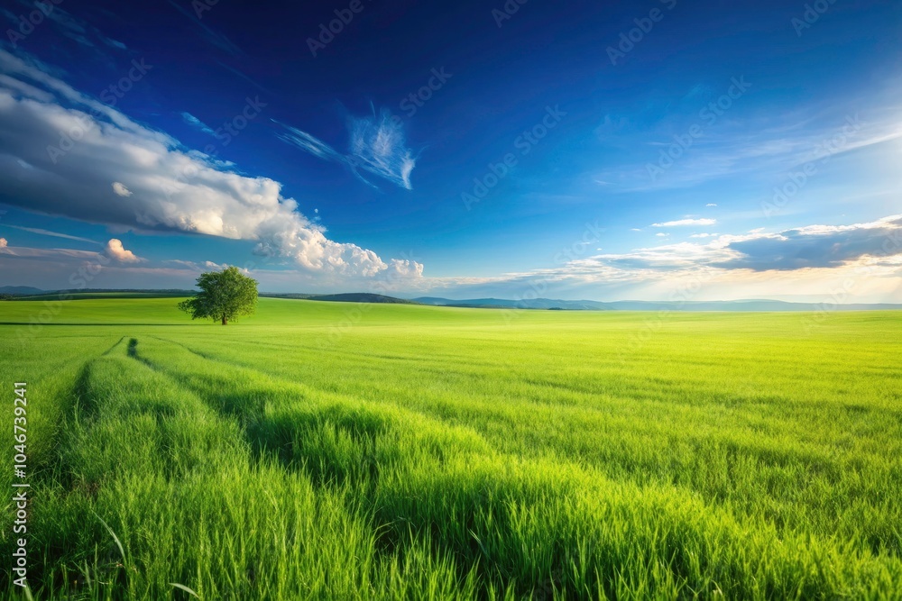 Fototapeta premium Panoramic View of a Lush Green Trimmed Grass Field Under a Clear Blue Sky - Ideal for Nature, Tranquility, and Outdoor Landscapes Photography