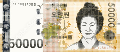 Vector color banknote of 50000 South Korean won. Halftone effect. Many dots. Money of Korea. Obverse. Fifty thousand.