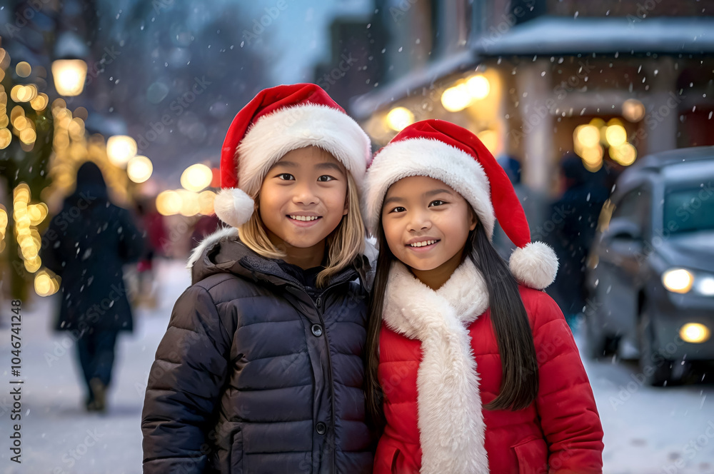 Fototapeta premium Happy Children in Santa Hats Enjoying a Festive Winter Night with Snowfall