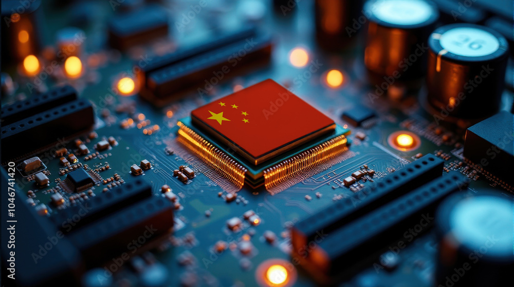 A microprocessor featuring China flag is installed on a circuit board, illuminated by glowing lights, representing role in global tech and semiconductor industries A microprocessor featuring China flag is installed on a circuit board, illuminated by glowing lights, representing role in global tech and semiconductor industries