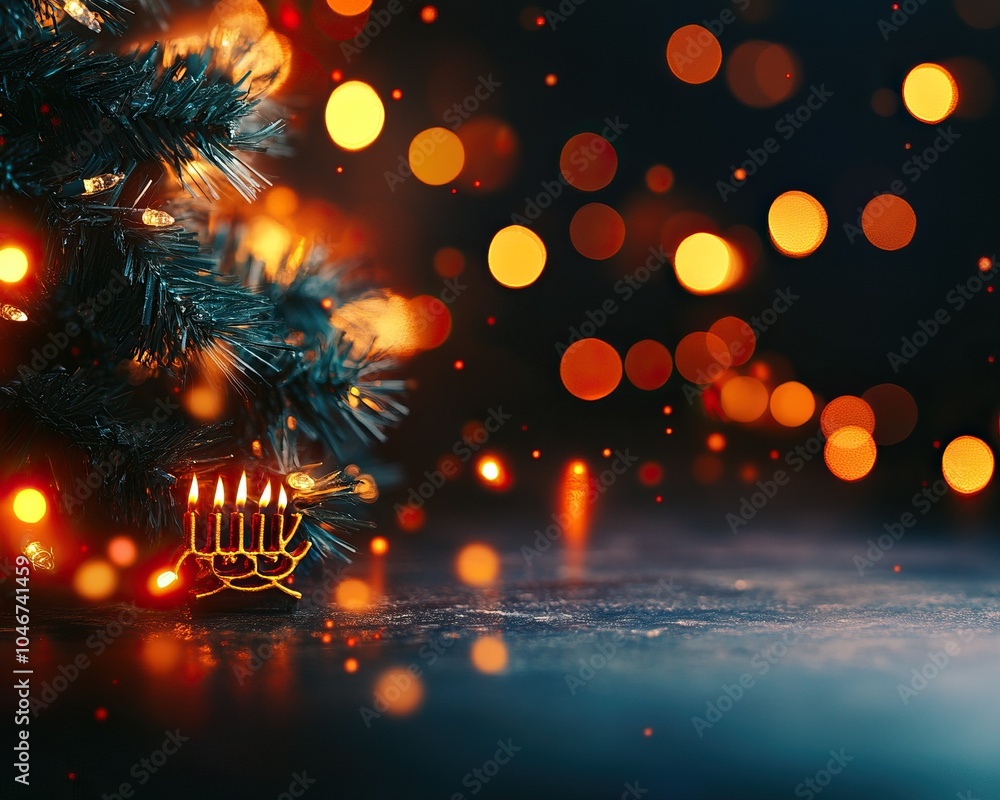 Naklejka premium Festive ambiance featuring a menorah beside a Christmas tree with colorful bokeh lights.