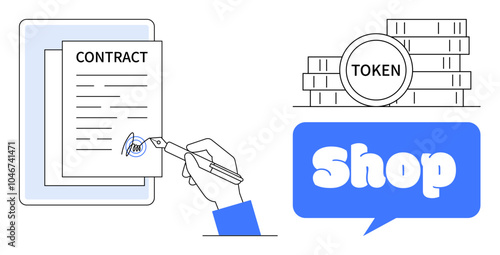 Hand signing a contract with a pen and piles of tokens symbolize financial agreements. A blue speech bubble with the word shop next to tokens hints at transactions. Ideal for contracts, finance