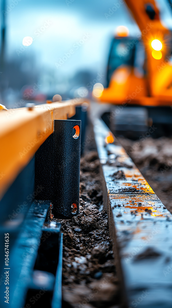 Close-up of construction rail and machinery in urban setting with evening lighting Close-up of construction rail and machinery in urban setting with evening lighting