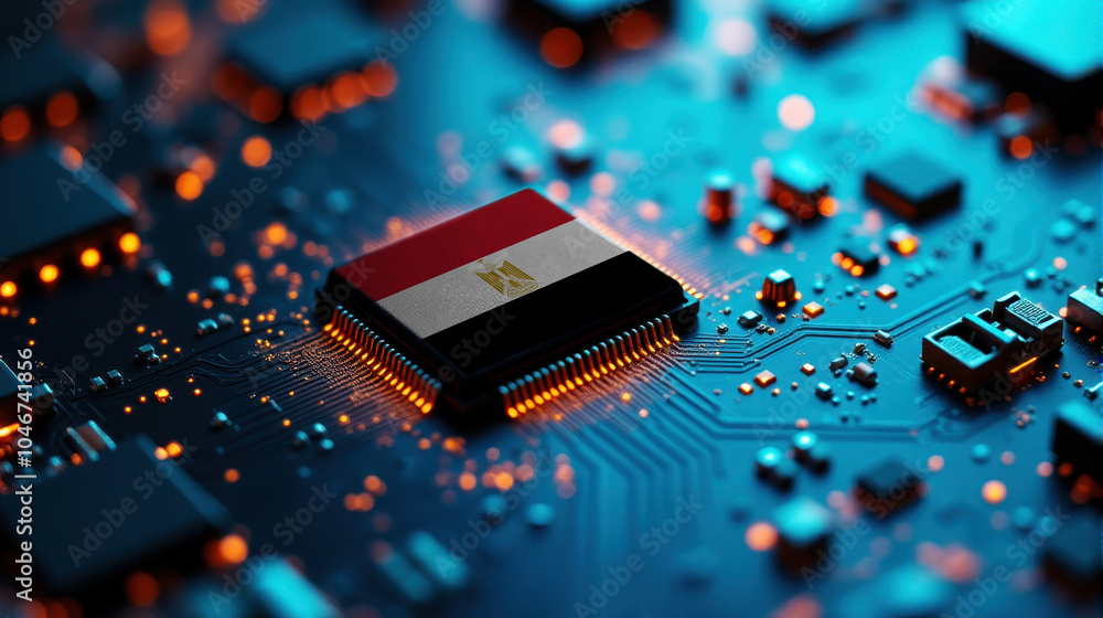 A Egypt themed chip is placed on a detailed circuit board, with glowing connections that emphasize influence in electronics, computing, and tech innovation. A Egypt themed chip is placed on a detailed circuit board, with glowing connections that emphasize influence in electronics, computing, and tech innovation.