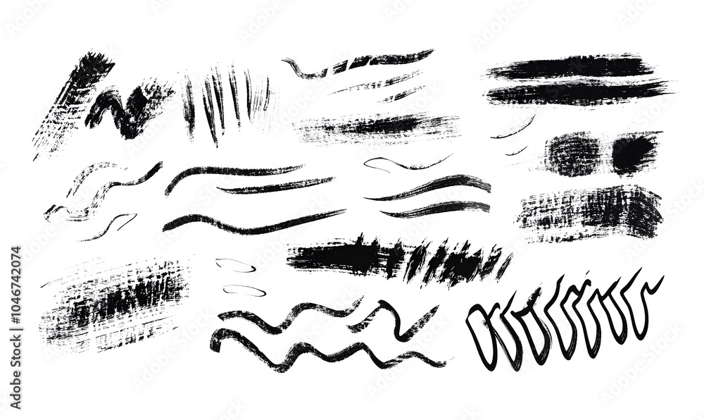 Hand drawn collection of Black Charcoal pencil squiggles, rough brush strokes, scribbles, bold zigzag line and swirls isolated on white background Hand drawn collection of Black Charcoal pencil squiggles, rough brush strokes, scribbles, bold zigzag line and swirls isolated on white background