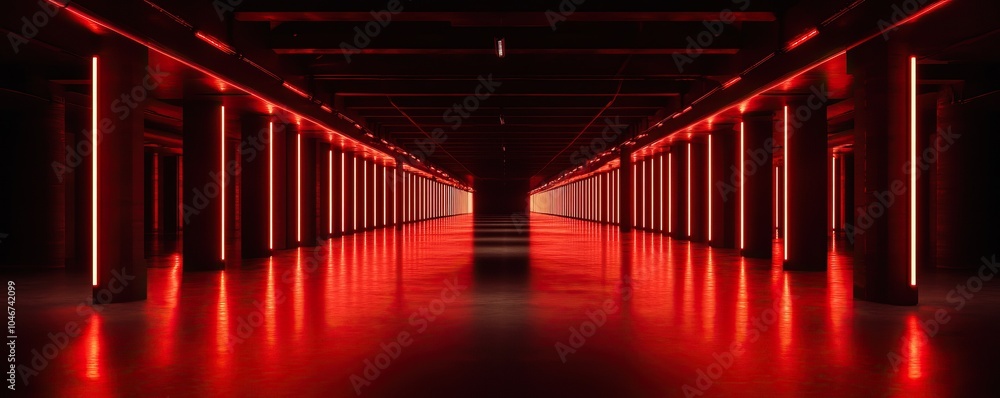 Fototapeta premium Futuristic corridor with vibrant red lights and smooth floor, creating a striking visual effect.