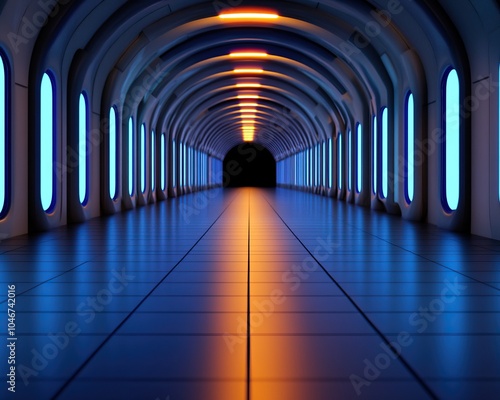 Futuristic corridor with glowing lights and reflections, dark entrance at the end.